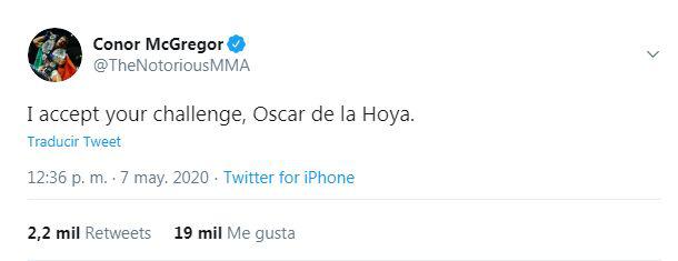 La respuesta de Conor McGregor al desafío de Óscar de la Hoya. (Twitter)