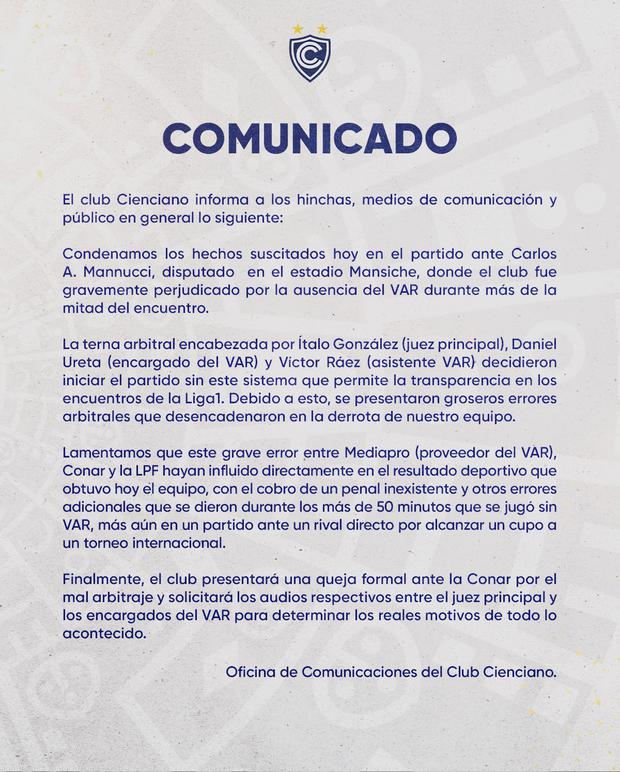 Cienciano compartió un comunicado  sobre los hechos suscitados ante Mannucci. (Foto: Cienciano)