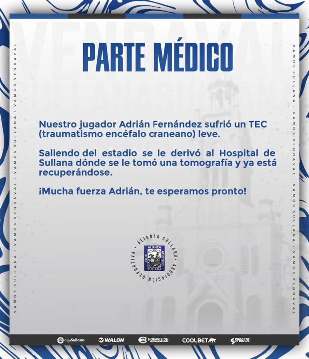 El comunicado de Alianza Atlético tras la lesión de Adrián Fernández. (Imagen: Alianza Atlético)