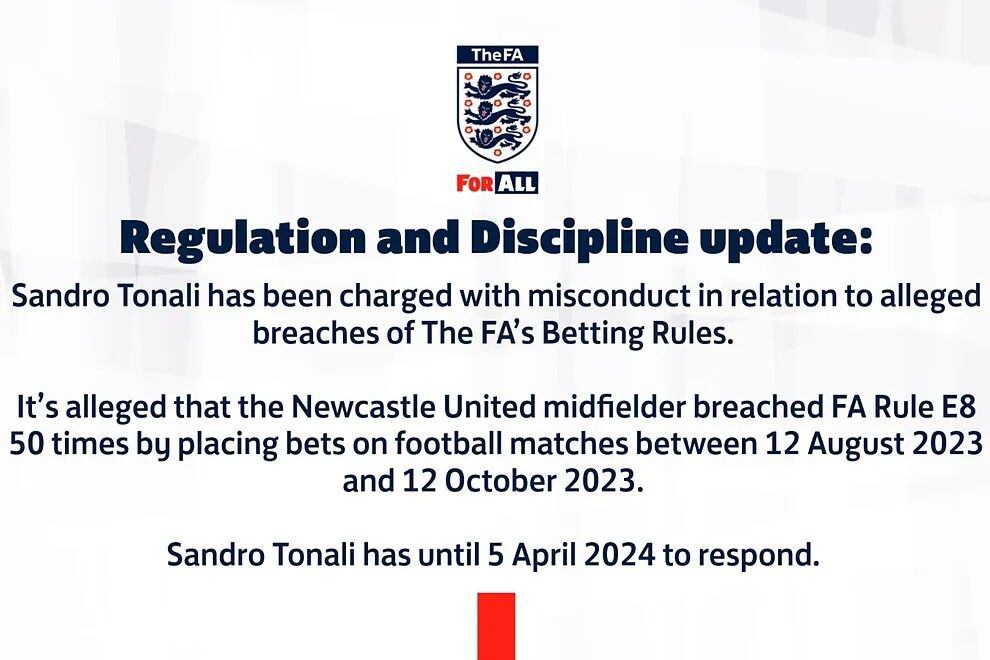 La Federación Inglesa acusa a Sandro Tonali de nuevos delitos cuando jugaba en la Premier League. (Foto: X).