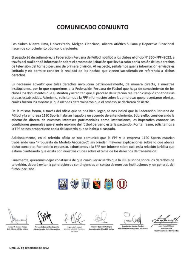 Alianza, Universitario, Cienciano, Melgar, Binacional y Alianza Atlético sacaron este comunicado exigiendo claridad a la FPF. Luego se sumó Sport Boys.