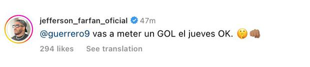 El comentario de Jefferson Farfán a Paolo Guerrero. (Captura: Instagram)