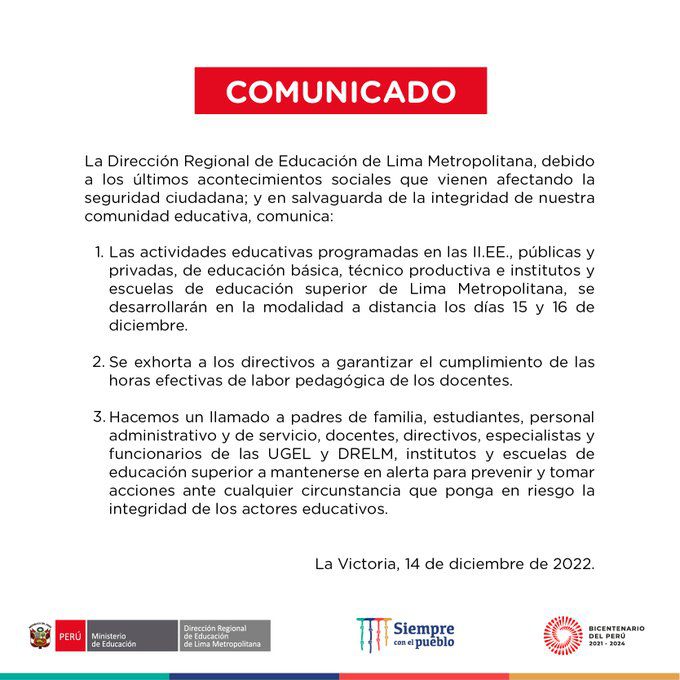 Comunicado de la Dirección Regional de Educación de Lima Metropolitana (DRELM) (Foto: DRELM/ Twitter)