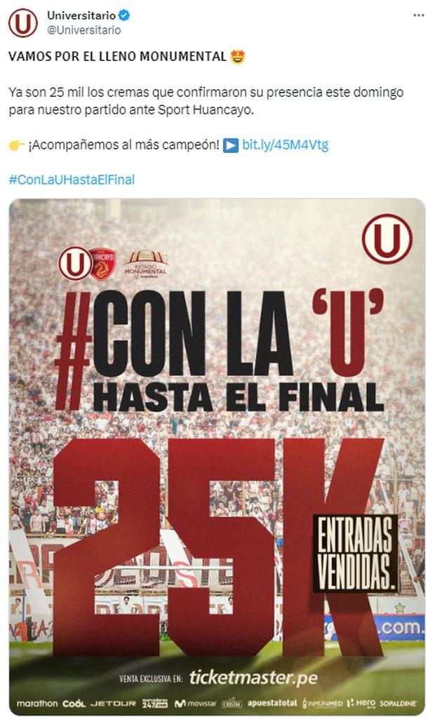 Así va la venta de entradas para el Universitario vs. Sport Huancayo. (Foto: Twitter)