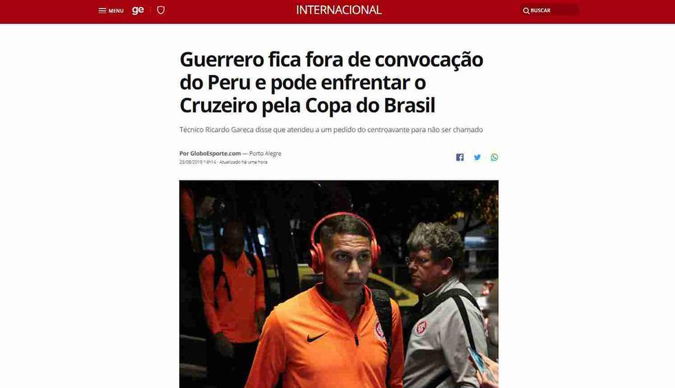 Los principales medios brasileños reaccionaron a la ausencia de Paolo Guerrero en la selección peruana. (Foto: Globo Esporte)
