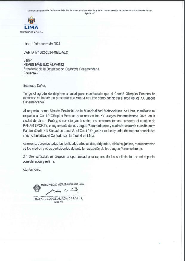 La carta emitida por la Municipalidad de Lima a Panam Sports. (Foto: Municipalidad de Lima)
