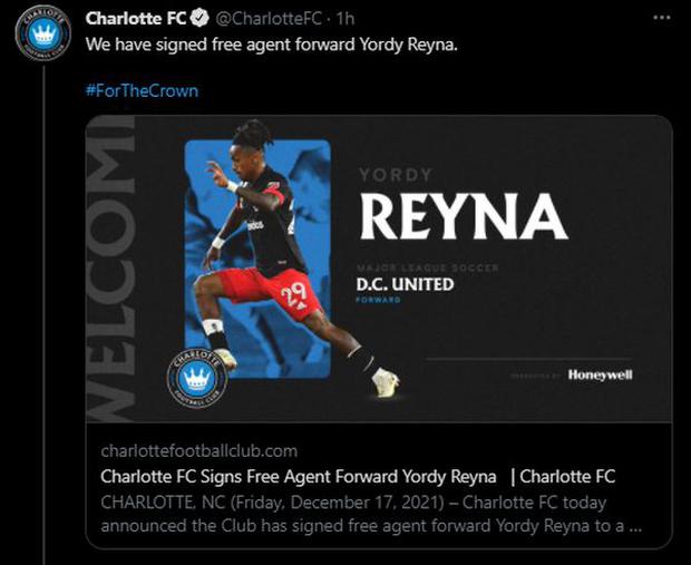 Yordy Reyna fue anunciado como nuevo jugador de Charlotte FC. (Captura: Twitter)