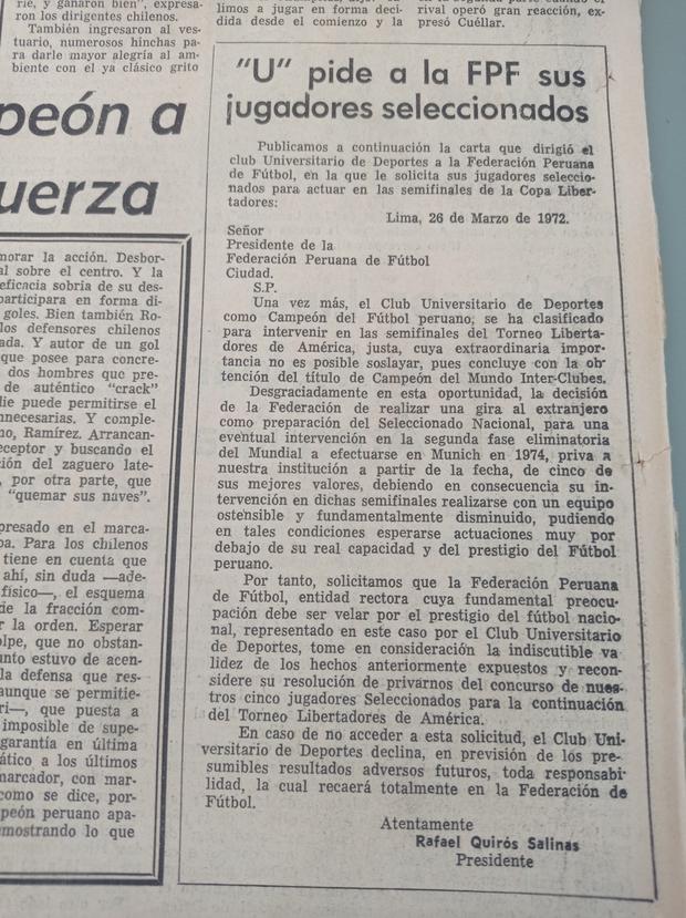 Der Brief, den die Universitario an die FPF schickte, nachdem sie sich für das Halbfinale der Copa Libertadores 1972 qualifiziert hatte (Archiv El Comercio)
