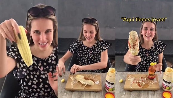 Un video viral muestra el peculiar modo que tiene una canadiense para los tradicionales elotes preparados, manjar de la gastronomía de México. | Crédito: @sonrixs_ / TikTok