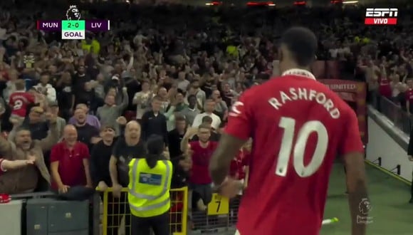 Rashford anotó el 2-0 parcial de Manchester United ante Liverpool. (Foto: Captura ESPN)