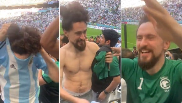 En esta imagen se aprecia el preciso momento en que un hincha cambia su camiseta de Argentina por la de Arabia Saudita. (Foto: @DavidVujanic / Twitter)