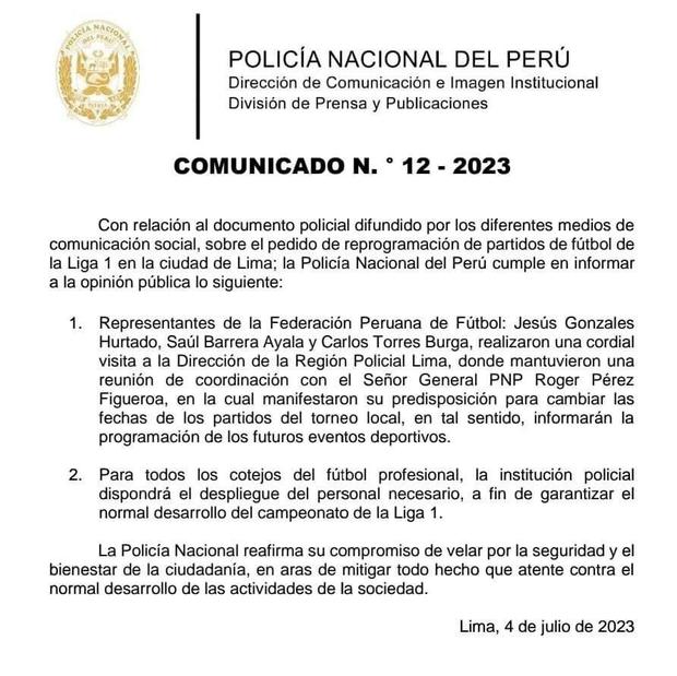 Comunicado de la Policía Nacional sobre la reprogramación de partidos de la fecha 4 y 5 del Clausura. (Foto: Difusión)