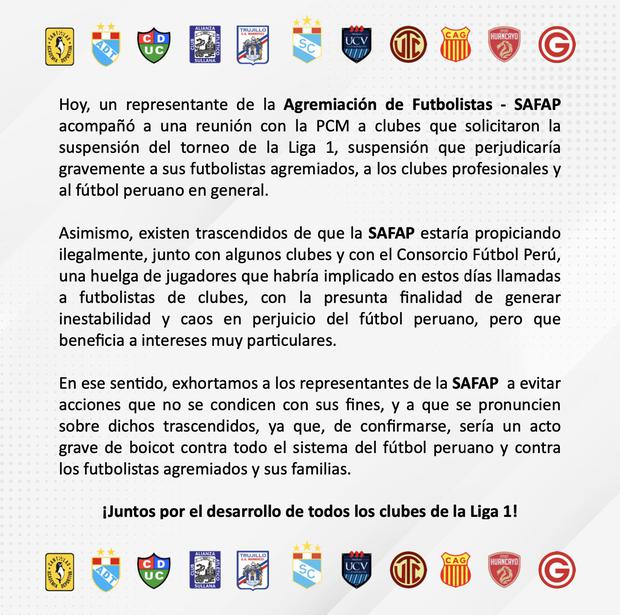 El comunicado de once clubes de la Liga 1 en redes sociales.