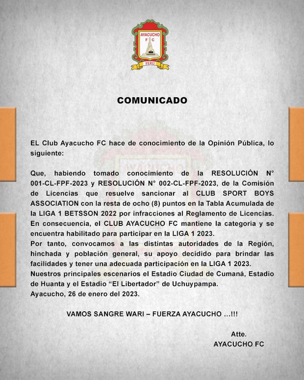 Ayacucho FC emitió comunicado tras resolución de la FPF.