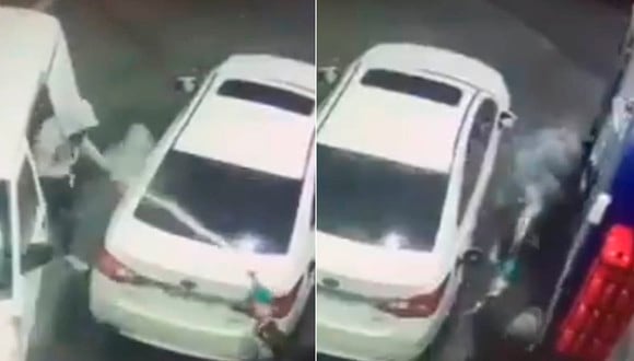 El hombre atacó de esta manera a tres delincuentes que intentaron robarle en una estación de servicio. | Foto/Video: @Osvaldo04110700