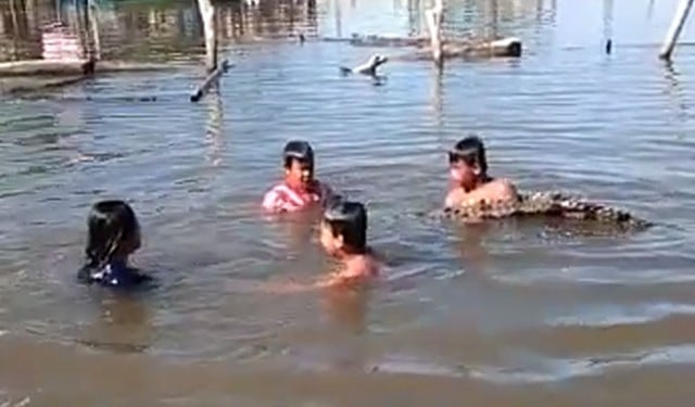 Niños son captados nadando con un cocodrilo en Malasia. (Foto: Captura)