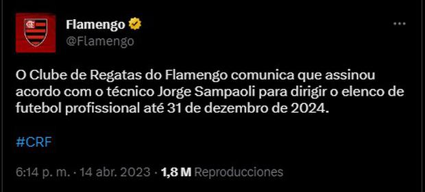 Flamengo anunció la llegada de Jorge Sampaoli. (Imagen: Captura de Twitter)