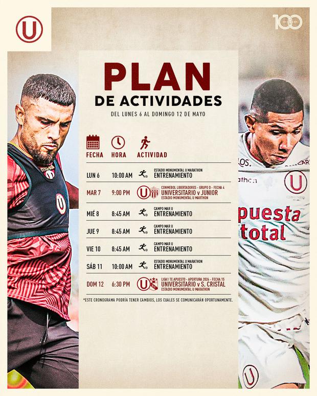 Agenda de Universitario para los duelos ante Junior y Sporting Cristal. (Foto: Prensa U)