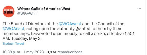 Pronunciamiento de WGA en Twitter (Foto: WGA/Twitter)
