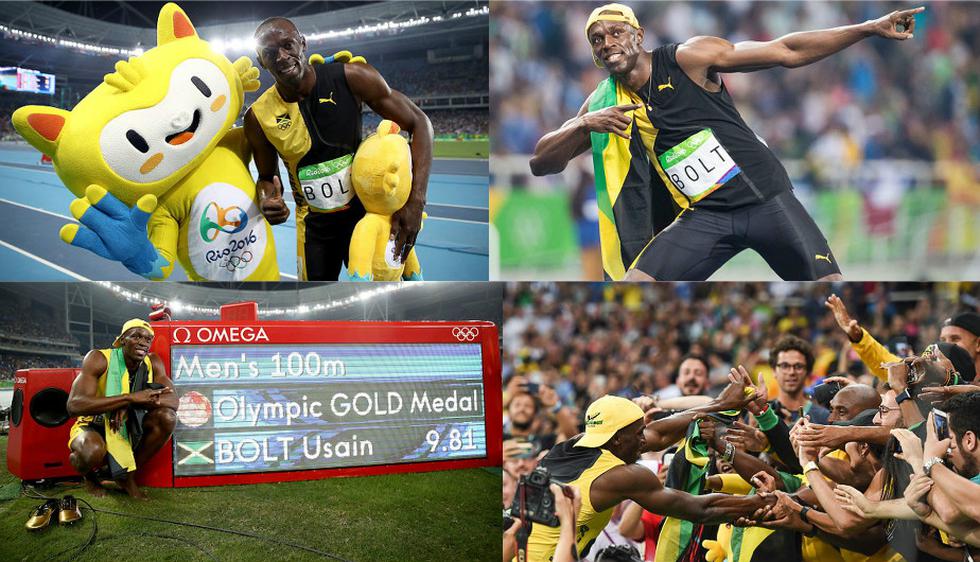 Usain Bolt y la celebración tras ganar los 100 metros planos en Río 2016. (Getty Images)