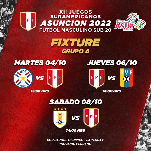 El fixture de la Selección Peruana Sub-20 en los XII Juegos Sudamericanos de Paraguay 2022. (Foto: Prensa Selección)