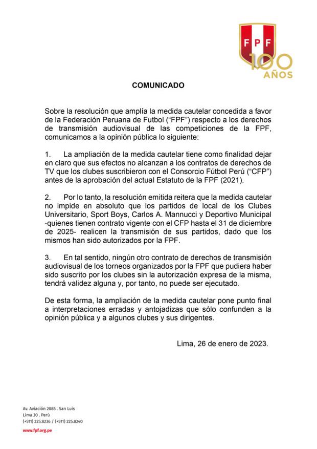 El comunicado de la Federación Peruana de Fútbol.