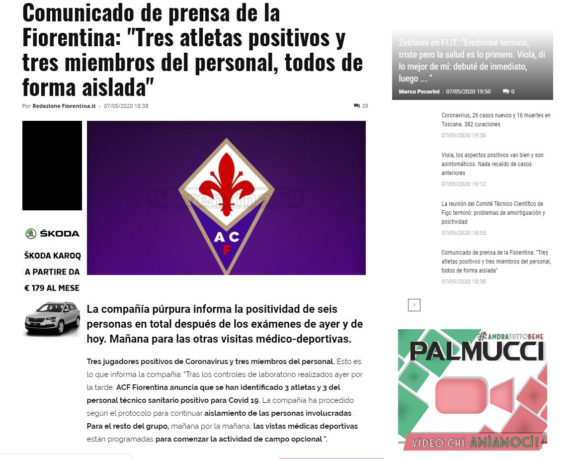 Tres jugadores y tres miembros del cuerpo técnico del Fiorentina dan positivo por coronavirus. (Foto: Captura)