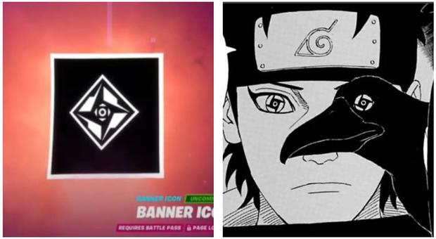 Detalle en el banner y el cuervo del anime Naruto en Fortnite