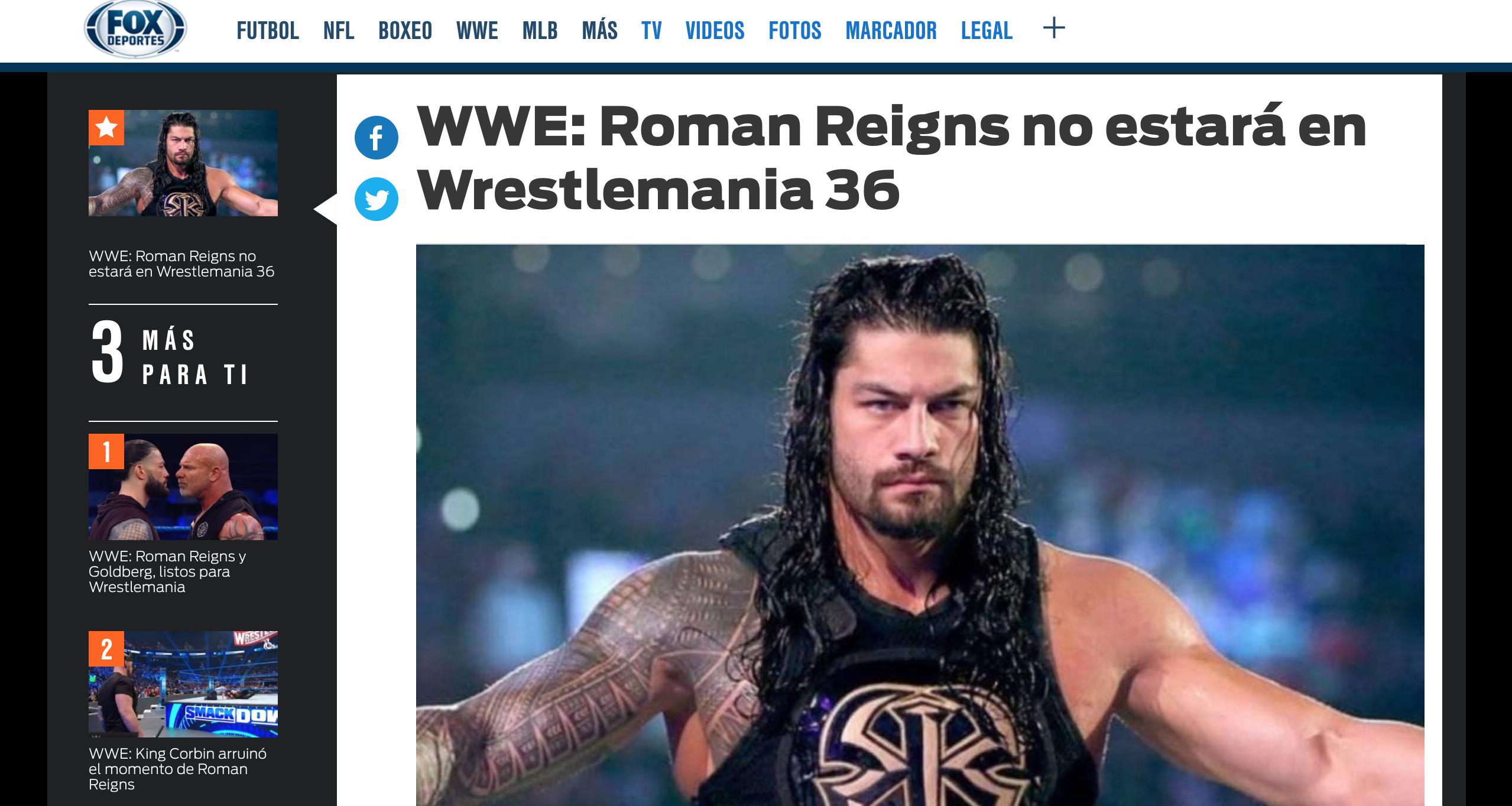 FOX Sports confirmó que Roman Reigns no estará en WrestleMania 36. (Foto: FOX Sports)