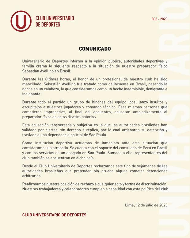 Universitario de Deportes sacó un comunicado, tras detención del preparador físico del club. (Foto: Twitter)