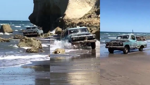 Un video viral muestra cómo una destartalada camioneta emerge del mar como si fuera un vehículo todo terreno. | Crédito: @aledeltorre / TikTok.