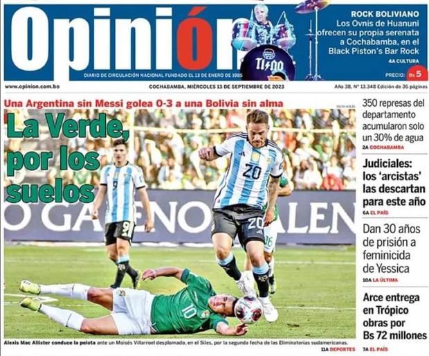 Portada del diario Opinión, donde informaron en portada la derrota de Bolivia ante Argentina. (Foto: captura)