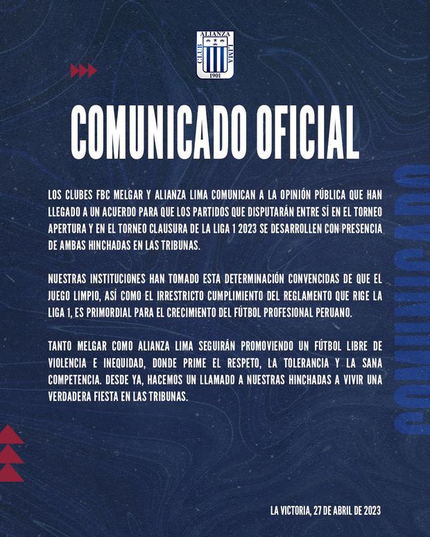 El comunicado de Alianza Lima y Melgar sobre sus partidos en la Liga 1 2023. (Imagen: Alianza Lima)