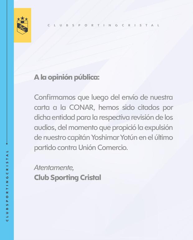 El comunicado de Sporting Cristal en sus redes sociales. (Foto: Sporting Cristal)