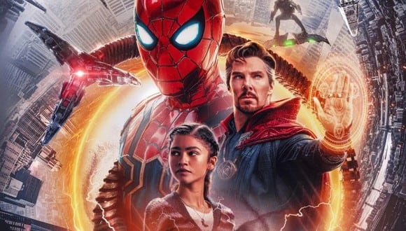Peter Parker (Tom Holland), el Doctor Strange (Benedict Cumberbatch) y MJ (Zendaya) en el póster de "Spiderman: No Way Home". Foto: Sony Pictures.