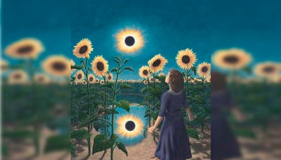En la imagen del test visual se ve a una mujer entre girasoles y un eclipse.| Foto: chedonna