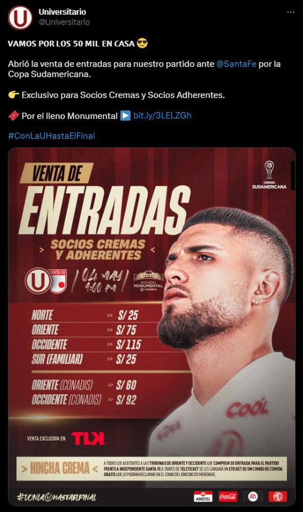 Universitario anunció el inicio de la venta de entradas para el duelo contra Independiente de Santa Fe, por la Copa Sudamericana. (Foto: Twitter)