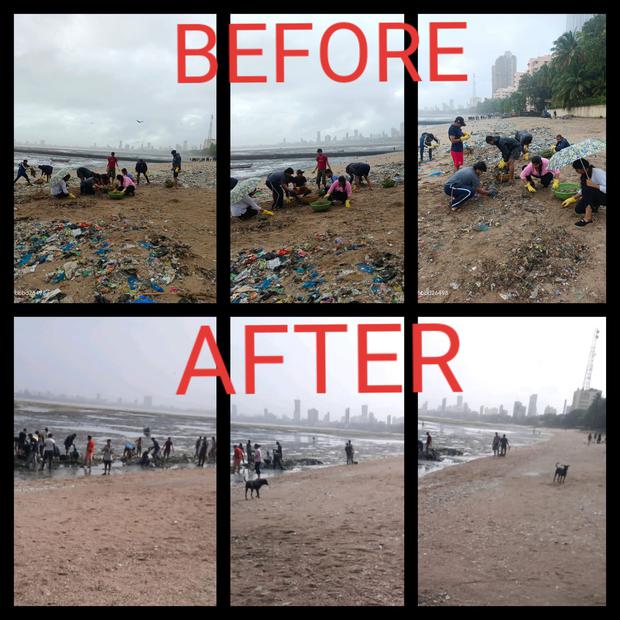El antes y después de la playa Mahim, en la India. (Foto: @mybmcWardGN/Twitter)