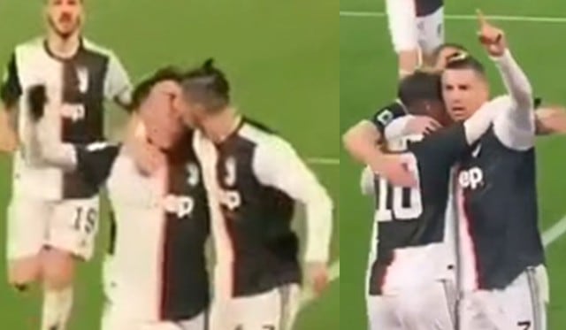 CUADROxCUADRO del beso entre Cristiano Ronaldo y Paulo Dybala en el gol de la Juventus. (Foto/Captura: YouTube)
