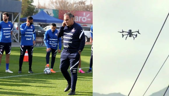 El último entrenamiento de la Selección de Chile tuvo la presencia de un drone. (Fotos: Agencias)