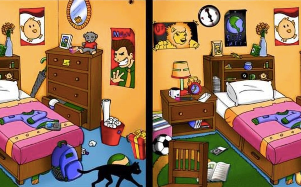 Ubica las siete diferencias entre las dos imágenes de la habitación desordenada. (Mamá psicóloga infantil)