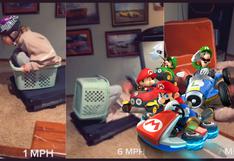 Una joven “jugó” Mario Kart en casa con un cesto de ropa y una caminadora