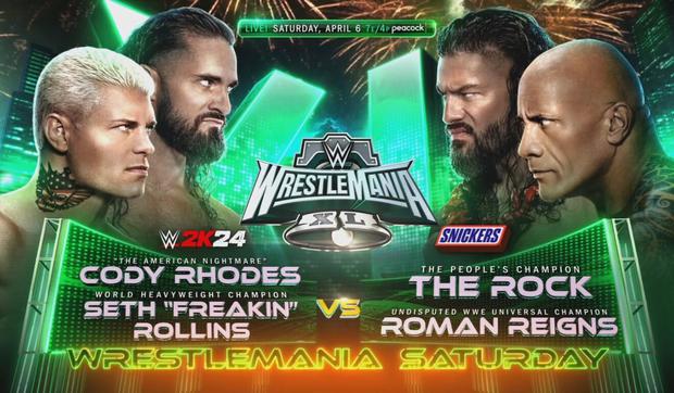 Revisa el horario y los canales que pasarán la pelea entre La Roca-Roman Reigns vs. Cody Rhodes-Seth Rollins por la WWE WrestleMania 40. (Foto: WWE).