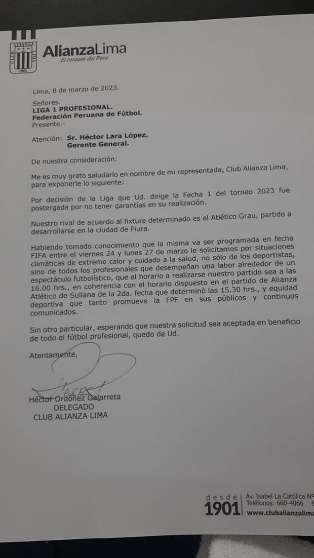 Alianza Lima solicitó cambio de horario del encuentro ante Atlético Grau por la fecha 1 de la Liga 1.