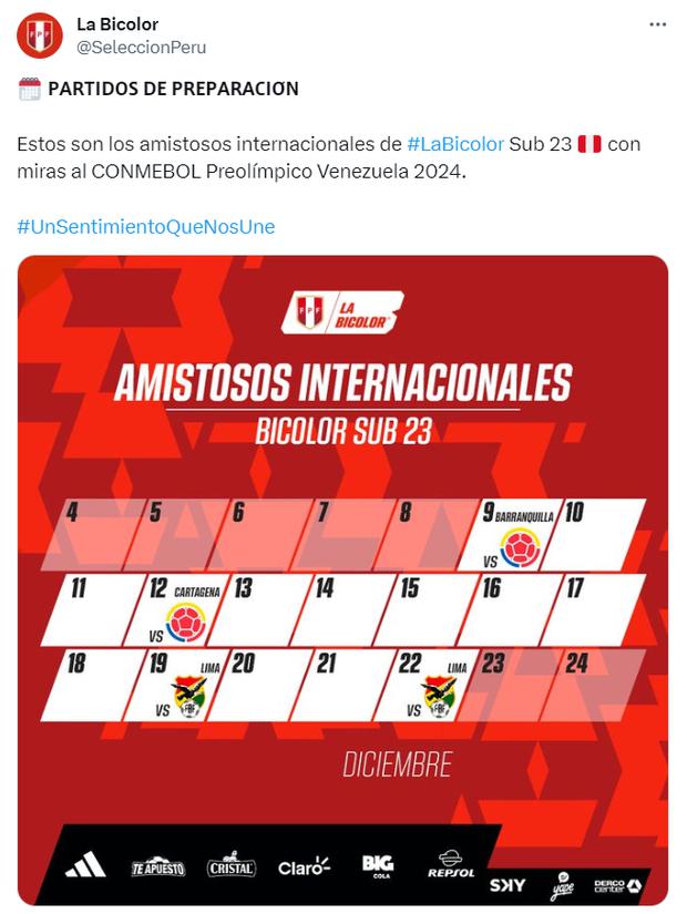 Calendario de amistosos de la Selección Peruana Sub23. (Foto: Twitter)