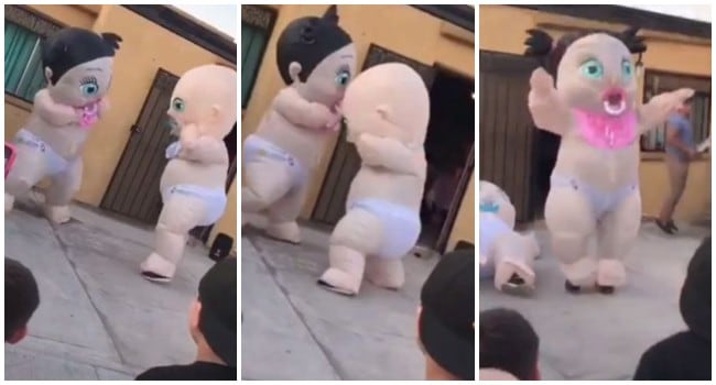 Baby shower se vuelve viral por armar una pelea de muñecos gigantes para revelar así el sexo del bebé. (Fotos: Tik Tok)