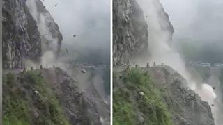 Captan cómo unas enormes rocas caen sobre una carretera y terminan destrozándola