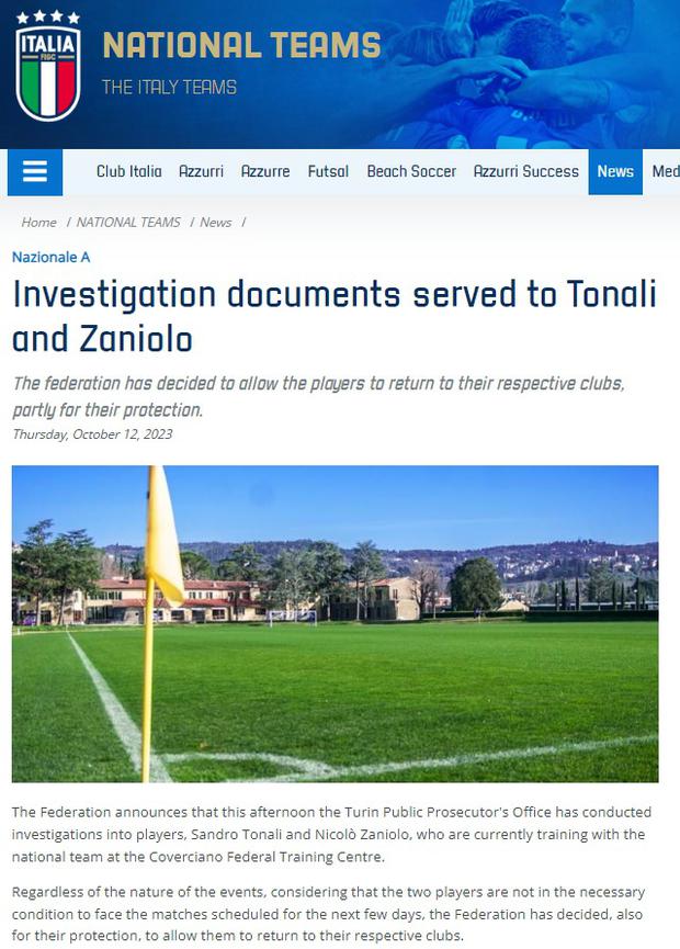 Comunicado de la selección de Italia sobre el caso de los jugadores Sandro Tonali y Nicolo Zaniolo.