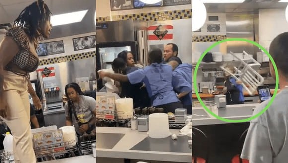 Un trabajadora de Waffle House bloqueó en el aire un sillazo arrojado desde el otro extremo del mostrador durante una batalla campal al interior del establecimiento en Texas. | Crédito: @GAFollowers / Twitter
