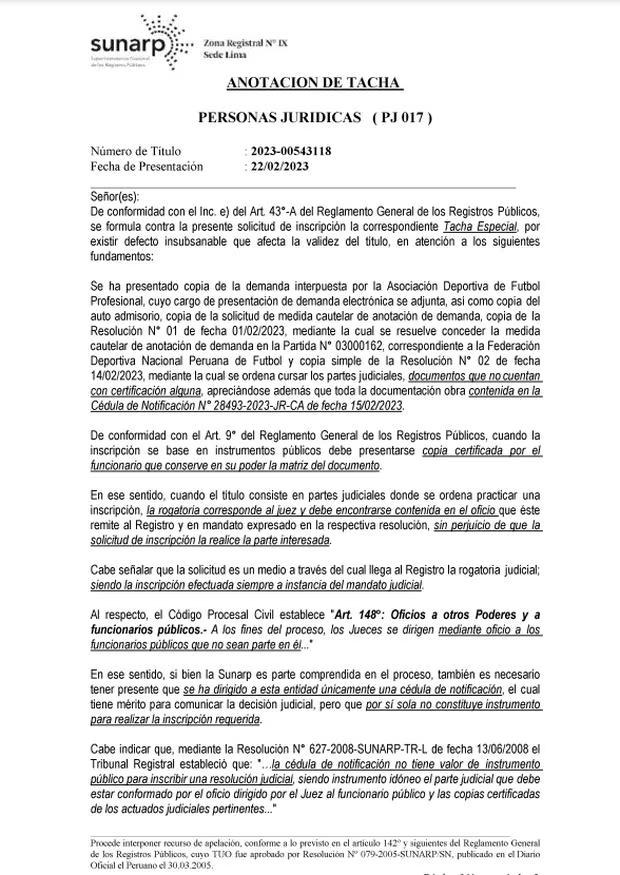 SUNARP y su tacha especial al registro de Agustín Lozano como presidente de la FPF. (Imagen: SUNARP)